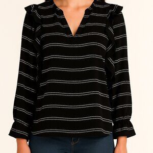 Chico's Black Striped Blouse with Ruffle Shoulder Detail